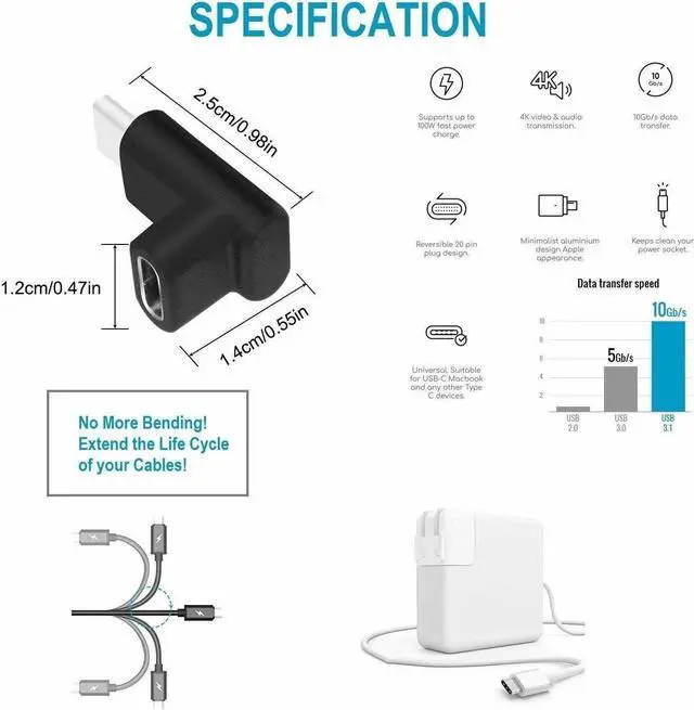 Alt view image 2 of 7 - USB C Angle Adapter [2 Pack] Upward/Downward, Type C Fast Charging, 4k, 100W