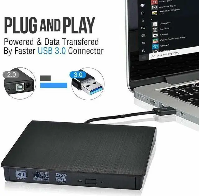 Alt view image 7 of 7 - External Portable CD/DVD Drive Slim USB 3.0 Re-Writer Burner Reader RW Drive
