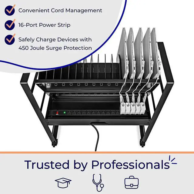 Alt view image 4 of 7 - Line LeaderMobile ChargingCart| Open Charging Station for 16 Tablets, Laptops & Chromebooks|UL Safety-Certified 16-Outlet Power Stripwith Surge Protection | Laptop Cart & Classroom Cart (Black)