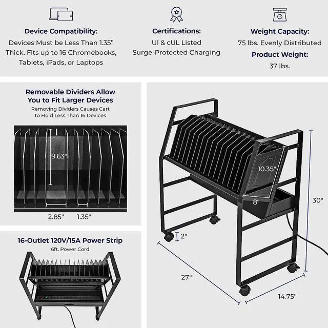 Alt view image 6 of 7 - Line LeaderMobile ChargingCart| Open Charging Station for 16 Tablets, Laptops & Chromebooks|UL Safety-Certified 16-Outlet Power Stripwith Surge Protection | Laptop Cart & Classroom Cart (Black)