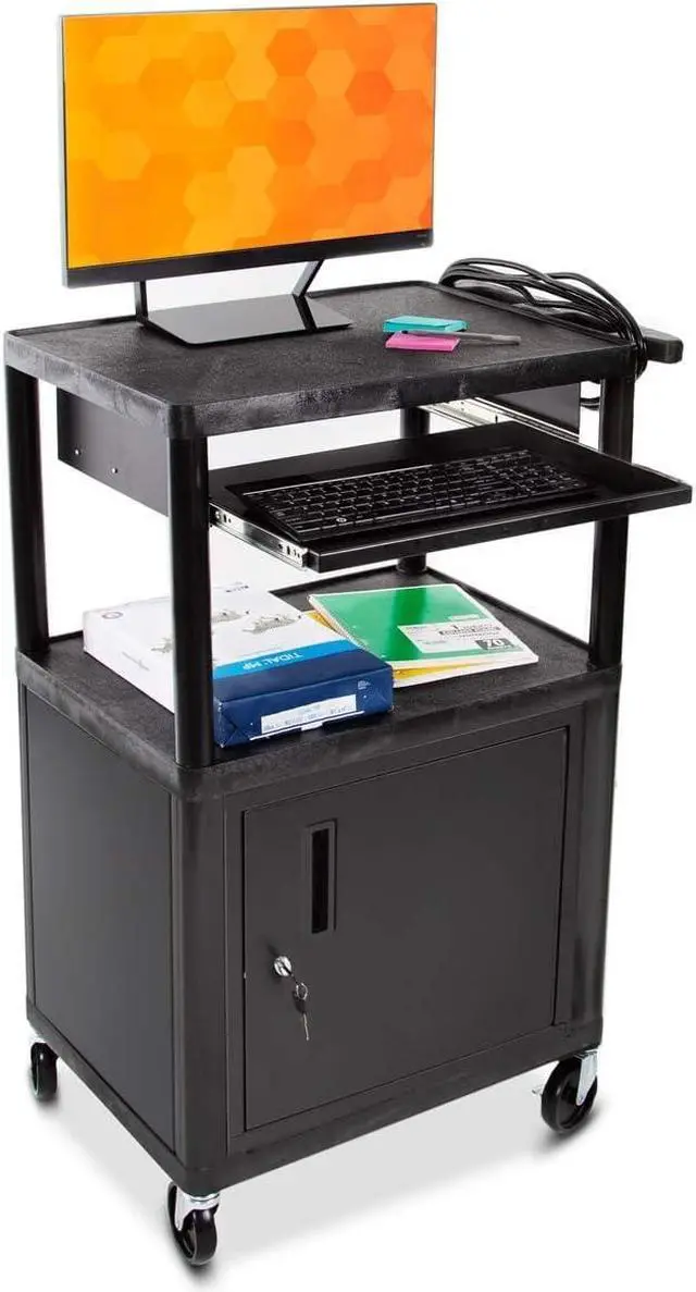 Main image of Line Leader Plastic AV Cart with Keyboard Tray Mobile Workstation with 4 Rolling Casters and 2 Locking Brakes Heavy Duty, Holds up to 75 lbs (42 Inch with Cabinet)