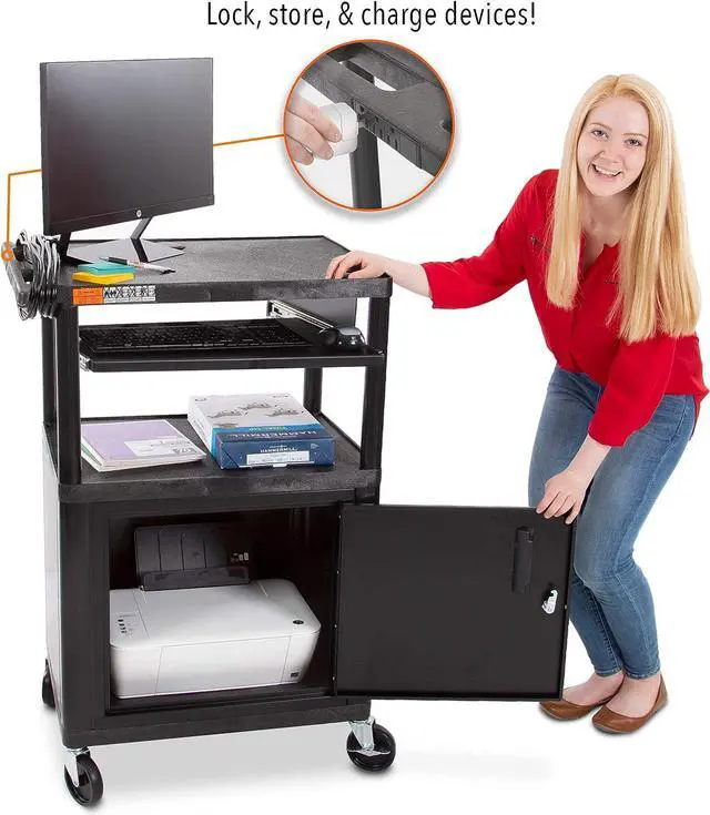 Alt view image 2 of 7 - Line Leader Plastic AV Cart with Keyboard Tray Mobile Workstation with 4 Rolling Casters and 2 Locking Brakes Heavy Duty, Holds up to 75 lbs (42 Inch with Cabinet)