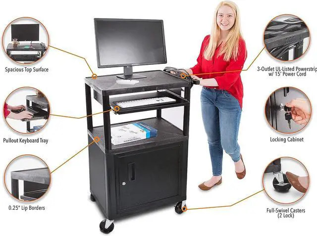 Alt view image 3 of 7 - Line Leader Plastic AV Cart with Keyboard Tray Mobile Workstation with 4 Rolling Casters and 2 Locking Brakes Heavy Duty, Holds up to 75 lbs (42 Inch with Cabinet)