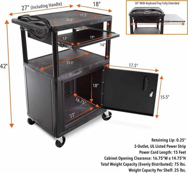 Alt view image 6 of 7 - Line Leader Plastic AV Cart with Keyboard Tray Mobile Workstation with 4 Rolling Casters and 2 Locking Brakes Heavy Duty, Holds up to 75 lbs (42 Inch with Cabinet)