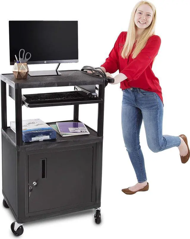 Alt view image 5 of 7 - Line Leader Plastic AV Cart with Keyboard Tray Mobile Workstation with 4 Rolling Casters and 2 Locking Brakes Heavy Duty, Holds up to 75 lbs (42 Inch with Cabinet)