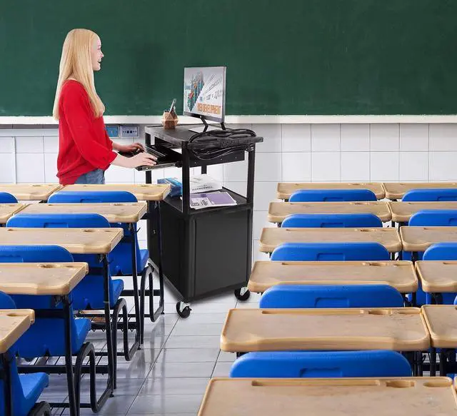 Alt view image 4 of 7 - Line Leader Plastic AV Cart with Keyboard Tray Mobile Workstation with 4 Rolling Casters and 2 Locking Brakes Heavy Duty, Holds up to 75 lbs (42 Inch with Cabinet)