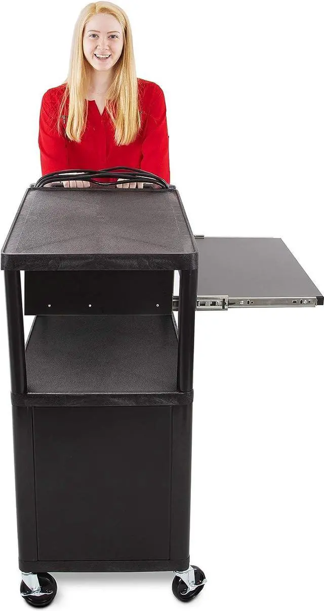 Alt view image 7 of 7 - Line Leader Plastic AV Cart with Keyboard Tray Mobile Workstation with 4 Rolling Casters and 2 Locking Brakes Heavy Duty, Holds up to 75 lbs (42 Inch with Cabinet)