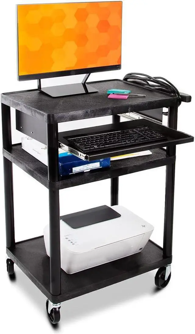 Main image of Line Leader Plastic AV Cart with Keyboard Tray Mobile Workstation with 4 Rolling Casters and 2 Locking Brakes Heavy Duty, Holds up to 75 lbs Perfect for Offices and Schools (Black / 24 x 18 x 34)