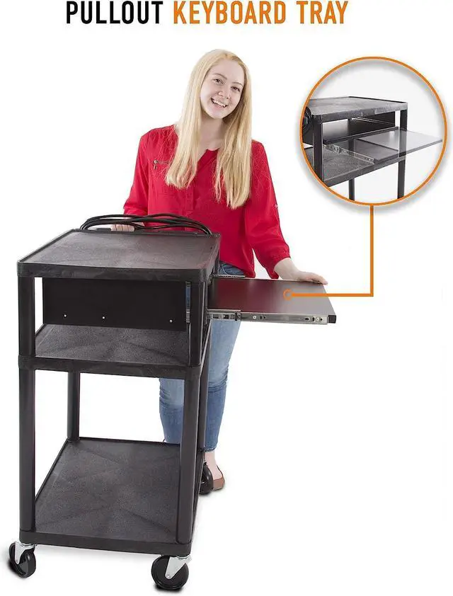 Alt view image 2 of 6 - Line Leader Plastic AV Cart with Keyboard Tray Mobile Workstation with 4 Rolling Casters and 2 Locking Brakes Heavy Duty, Holds up to 75 lbs Perfect for Offices and Schools (Black / 24 x 18 x 34)
