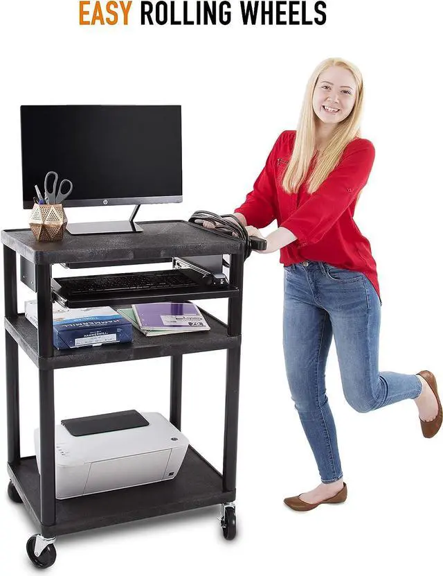 Alt view image 5 of 6 - Line Leader Plastic AV Cart with Keyboard Tray Mobile Workstation with 4 Rolling Casters and 2 Locking Brakes Heavy Duty, Holds up to 75 lbs Perfect for Offices and Schools (Black / 24 x 18 x 34)