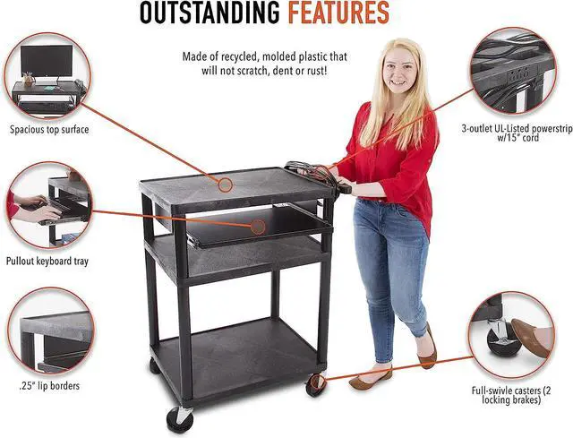 Alt view image 3 of 6 - Line Leader Plastic AV Cart with Keyboard Tray Mobile Workstation with 4 Rolling Casters and 2 Locking Brakes Heavy Duty, Holds up to 75 lbs Perfect for Offices and Schools (Black / 24 x 18 x 34)