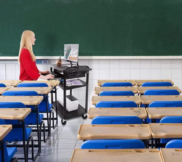 Alt view image 4 of 6 - Line Leader Plastic AV Cart with Keyboard Tray Mobile Workstation with 4 Rolling Casters and 2 Locking Brakes Heavy Duty, Holds up to 75 lbs Perfect for Offices and Schools (Black / 24 x 18 x 34)