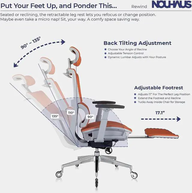 Alt view image 4 of 6 - Ergonomic Office Chair with Footrest and Lumbar Support. Swivel Computer Chair, Rolling Home Office Desk Chairs with Wheels, Mesh High Back Task Chair, Comfortable Office Chair (Orange)