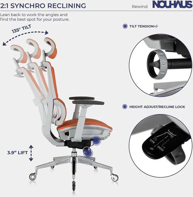 Alt view image 5 of 6 - Ergonomic Office Chair with Footrest and Lumbar Support. Swivel Computer Chair, Rolling Home Office Desk Chairs with Wheels, Mesh High Back Task Chair, Comfortable Office Chair (Orange)