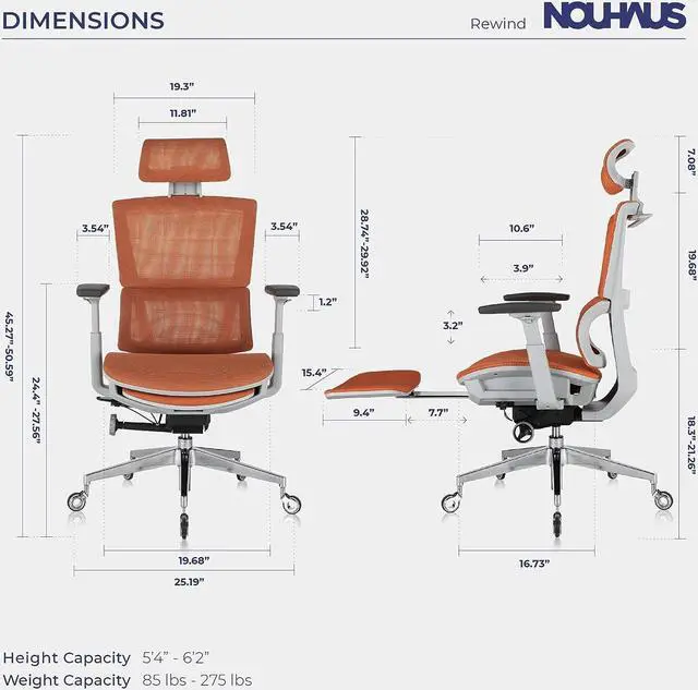 Alt view image 6 of 6 - Ergonomic Office Chair with Footrest and Lumbar Support. Swivel Computer Chair, Rolling Home Office Desk Chairs with Wheels, Mesh High Back Task Chair, Comfortable Office Chair (Orange)