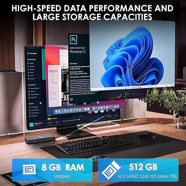 Alt view image 4 of 7 - Mini PC Stick Windows 11 Pro,Intel Compute Stick with Celeron N4020(Up to 2.8GHz) Equipped 8GB RAM 512GB M.2 SSD,Micro Computer Support 4K@60Hz Output/WiFi/BT/Gigabit Ethernet
