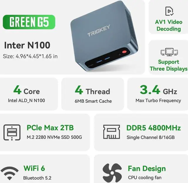 Alt view image 7 of 7 - Mini PC W11 Desktop 12th Gen Intel N100(4Core, Up to 3.4GHz)8G DDR5 4800MHz 500G PCIE1 SSD Dual Ethernet Mini Computer, Support Micro Computer W10 Pro/WiFi 6/BT5.2/Dual 2.0 HDMI/Triple Output