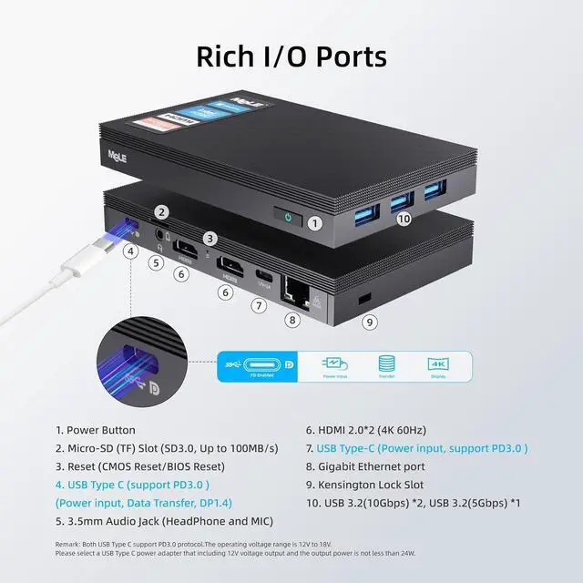 Alt view image 4 of 7 - MeLE Quieter3C Fanless Mini PC Windows 11 Pro Celeron N5105 16GB 512GB Micro Computer with Full Function Type C Small Desktop WiFi6 Ethernet PXE Unlock BIOS PD Industrial Personal Media