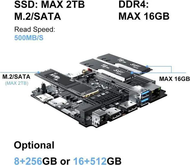 Alt view image 2 of 7 - MP60 Mini PC Windows 11 Pro 16GB DDR4 RAM 512GB M.2 SSD, Gaming Computer with Processor Intel N5095, VESA/Home/Business Mini Desktop , 4K HD Dual HDMI Gigabit Ethernet, Black