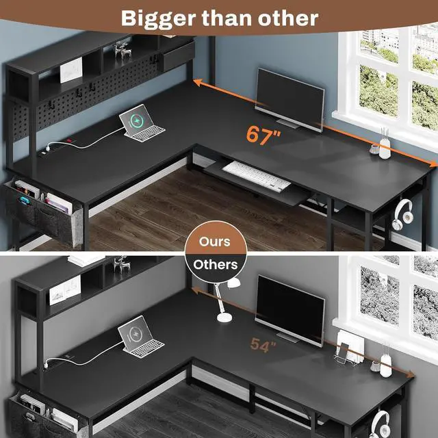 Alt view image 4 of 7 - L Shaped Gaming Desk, Reversible Computer Desk with Power Outlet and Pegboard, Gaming Desk with Led Lights, Keyboard Tray and Storage Bag for Home Office, Black