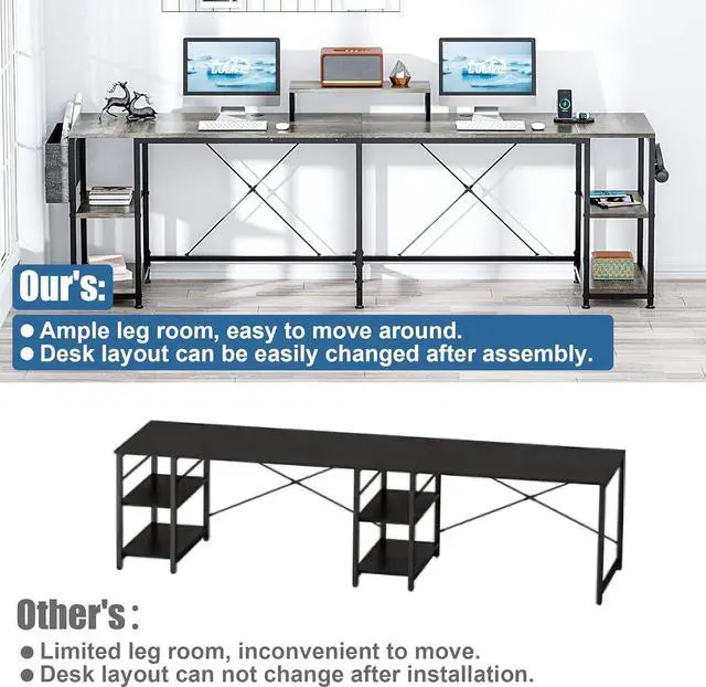 Alt view image 6 of 7 - L Shaped Desk, 95" Reversible Corner Computer Desk with Shelves, Monitor Stand, Storage Bag, Hooks, 2 Person Long Desk for Home Office Writing Study Workstation (Grey)