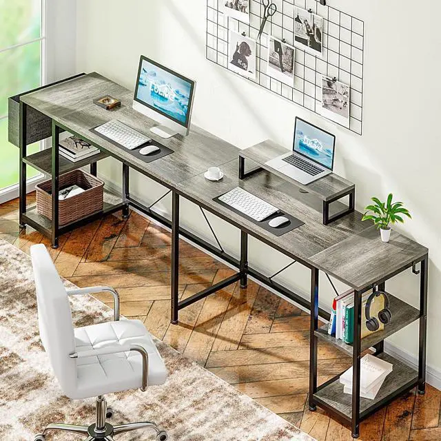 Alt view image 7 of 7 - L Shaped Desk, 95" Reversible Corner Computer Desk with Shelves, Monitor Stand, Storage Bag, Hooks, 2 Person Long Desk for Home Office Writing Study Workstation (Grey)