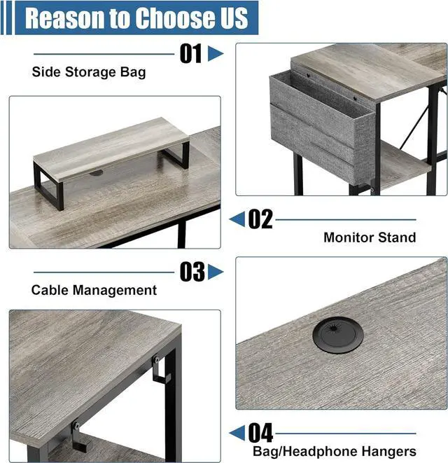 Alt view image 3 of 7 - L Shaped Desk, 95" Reversible Corner Computer Desk with Shelves, Monitor Stand, Storage Bag, Hooks, 2 Person Long Desk for Home Office Writing Study Workstation (Grey)