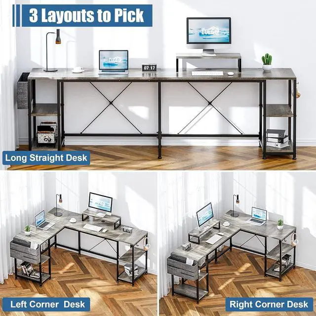 Alt view image 2 of 7 - L Shaped Desk, 95" Reversible Corner Computer Desk with Shelves, Monitor Stand, Storage Bag, Hooks, 2 Person Long Desk for Home Office Writing Study Workstation (Grey)