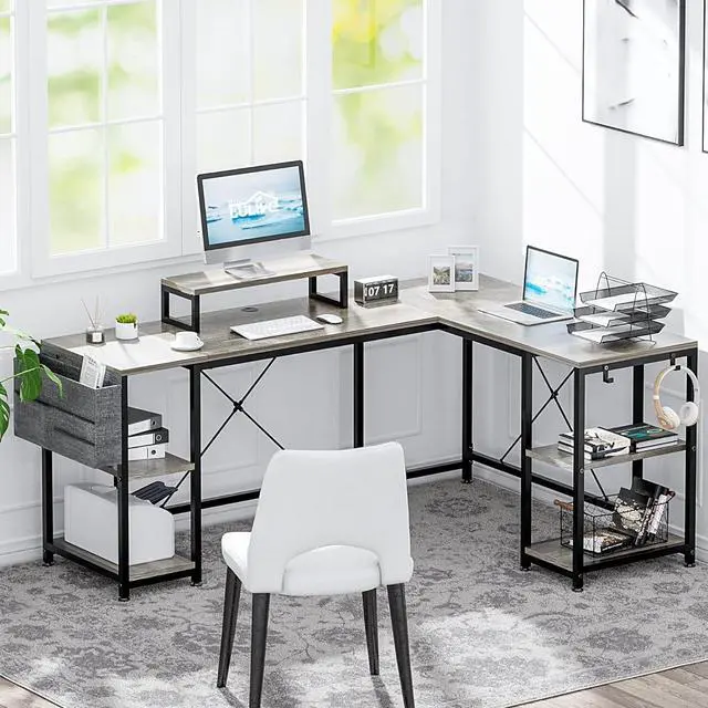 Alt view image 4 of 7 - L Shaped Desk, 95" Reversible Corner Computer Desk with Shelves, Monitor Stand, Storage Bag, Hooks, 2 Person Long Desk for Home Office Writing Study Workstation (Grey)