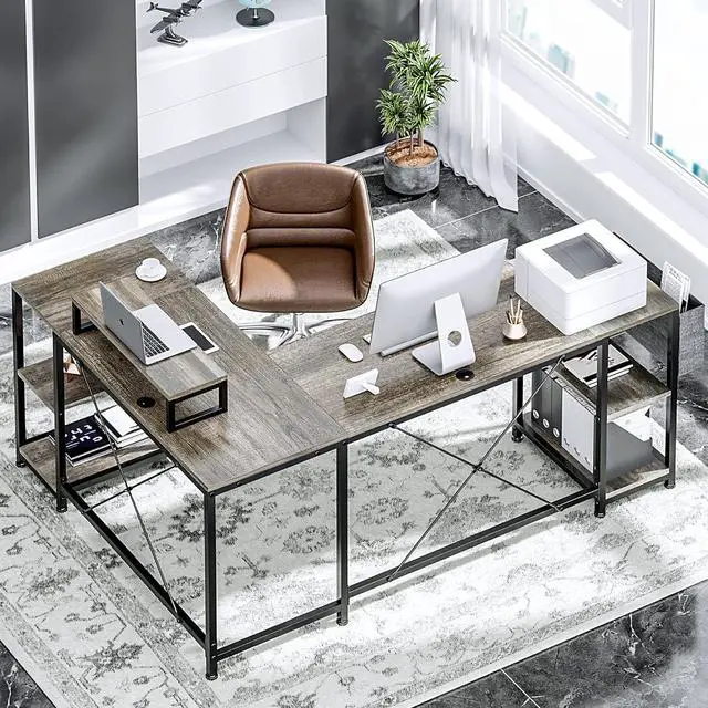 Alt view image 5 of 7 - L Shaped Desk, 95" Reversible Corner Computer Desk with Shelves, Monitor Stand, Storage Bag, Hooks, 2 Person Long Desk for Home Office Writing Study Workstation (Grey)
