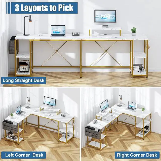 Alt view image 4 of 7 - L Shaped Desk, 95" Reversible Corner Computer Desk with Shelves, Monitor Stand, Storage Bag, Hooks, 2 Person Long Desk for Home Office Writing Study Workstation (White Faux Marble)