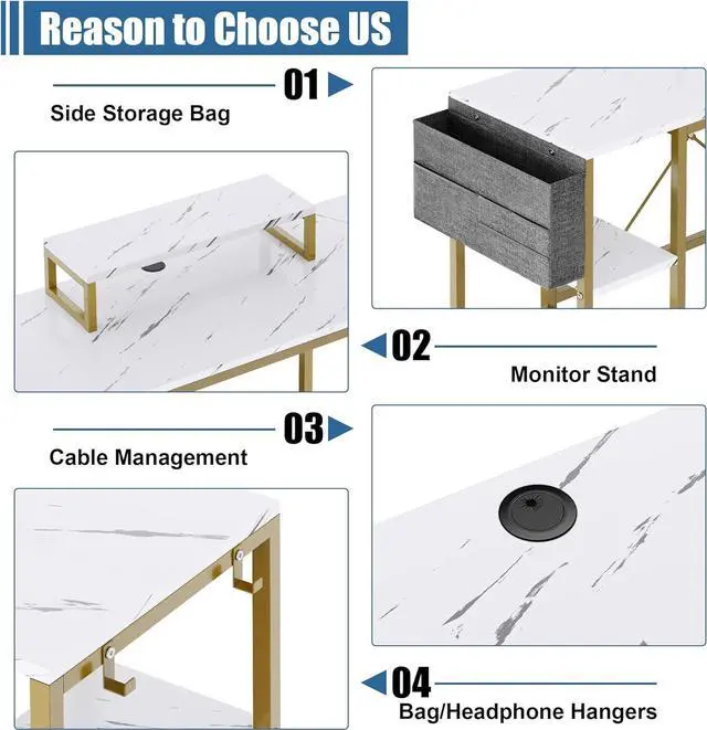 Alt view image 2 of 7 - L Shaped Desk, 95" Reversible Corner Computer Desk with Shelves, Monitor Stand, Storage Bag, Hooks, 2 Person Long Desk for Home Office Writing Study Workstation (White Faux Marble)