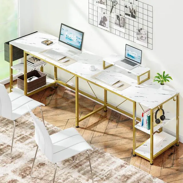 Alt view image 7 of 7 - L Shaped Desk, 95" Reversible Corner Computer Desk with Shelves, Monitor Stand, Storage Bag, Hooks, 2 Person Long Desk for Home Office Writing Study Workstation (White Faux Marble)
