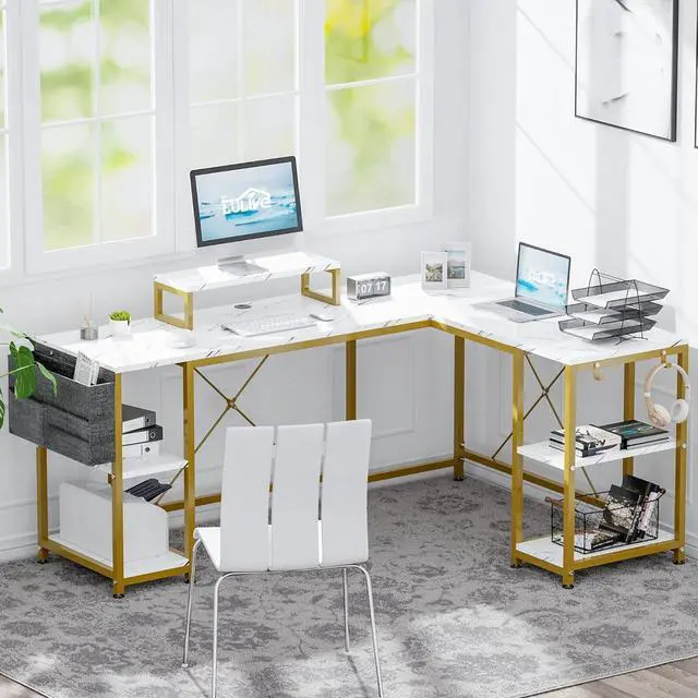 Alt view image 6 of 7 - L Shaped Desk, 95" Reversible Corner Computer Desk with Shelves, Monitor Stand, Storage Bag, Hooks, 2 Person Long Desk for Home Office Writing Study Workstation (White Faux Marble)