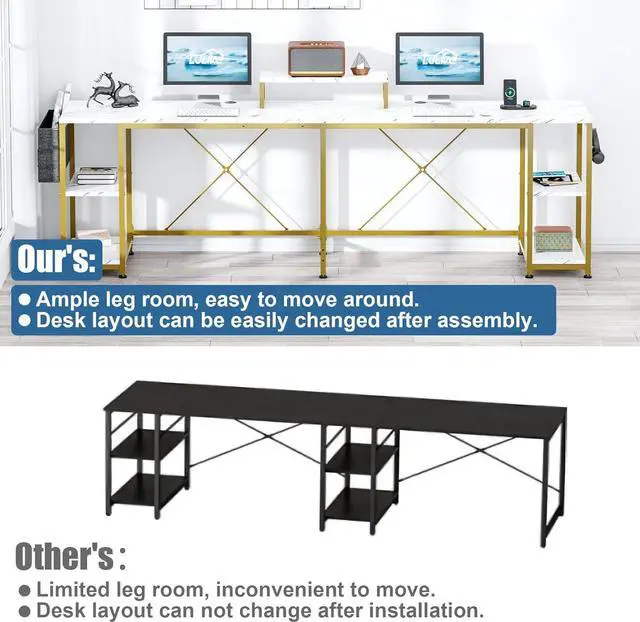 Alt view image 3 of 7 - L Shaped Desk, 95" Reversible Corner Computer Desk with Shelves, Monitor Stand, Storage Bag, Hooks, 2 Person Long Desk for Home Office Writing Study Workstation (White Faux Marble)