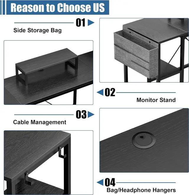 Alt view image 6 of 7 - L Shaped Desk, 95" Reversible Corner Computer Desk with Shelves, Monitor Stand, Storage Bag, Hooks, 2 Person Long Desk for Home Office Writing Study Workstation (Black)