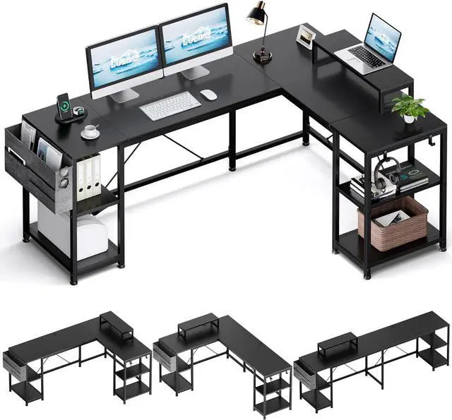 Alt view image 2 of 7 - L Shaped Desk, 95" Reversible Corner Computer Desk with Shelves, Monitor Stand, Storage Bag, Hooks, 2 Person Long Desk for Home Office Writing Study Workstation (Black)