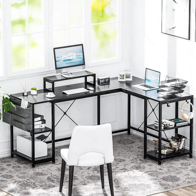Alt view image 5 of 7 - L Shaped Desk, 95" Reversible Corner Computer Desk with Shelves, Monitor Stand, Storage Bag, Hooks, 2 Person Long Desk for Home Office Writing Study Workstation (Black)