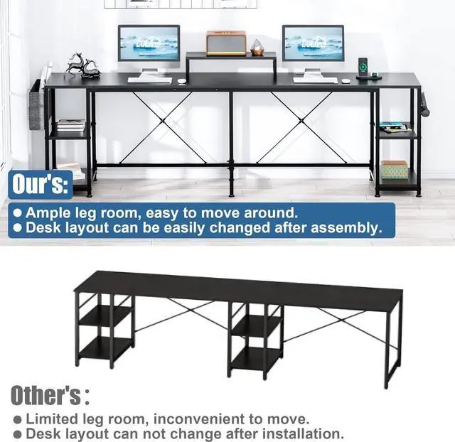 Main image of L Shaped Desk, 95" Reversible Corner Computer Desk with Shelves, Monitor Stand, Storage Bag, Hooks, 2 Person Long Desk for Home Office Writing Study Workstation (Black)