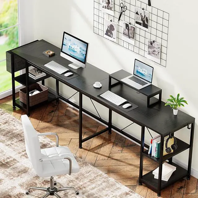 Alt view image 3 of 7 - L Shaped Desk, 95" Reversible Corner Computer Desk with Shelves, Monitor Stand, Storage Bag, Hooks, 2 Person Long Desk for Home Office Writing Study Workstation (Black)