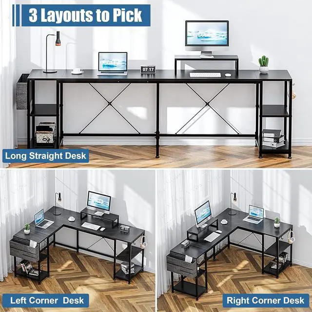 Alt view image 4 of 7 - L Shaped Desk, 95" Reversible Corner Computer Desk with Shelves, Monitor Stand, Storage Bag, Hooks, 2 Person Long Desk for Home Office Writing Study Workstation (Black)