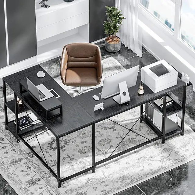 Alt view image 7 of 7 - L Shaped Desk, 95" Reversible Corner Computer Desk with Shelves, Monitor Stand, Storage Bag, Hooks, 2 Person Long Desk for Home Office Writing Study Workstation (Black)
