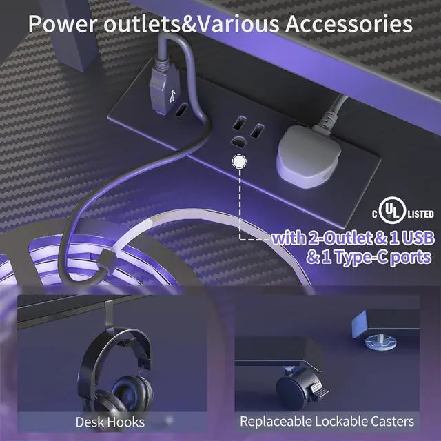 Alt view image 3 of 7 - 63" Triple Motor L Shaped Standing Desk with LED Strip & Power Outlets, Height Adjustable Stand up Corner Gaming Desk with Ergonomic Monitor Stand, Black Carbon Fiber Top/Black Frame