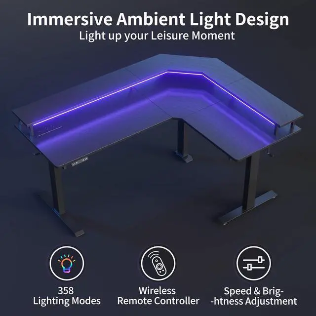 Alt view image 4 of 7 - 63" Triple Motor L Shaped Standing Desk with LED Strip & Power Outlets, Height Adjustable Stand up Corner Gaming Desk with Ergonomic Monitor Stand, Black Carbon Fiber Top/Black Frame