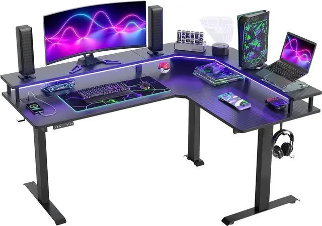 Alt view image 2 of 7 - 63" Triple Motor L Shaped Standing Desk with LED Strip & Power Outlets, Height Adjustable Stand up Corner Gaming Desk with Ergonomic Monitor Stand, Black Carbon Fiber Top/Black Frame