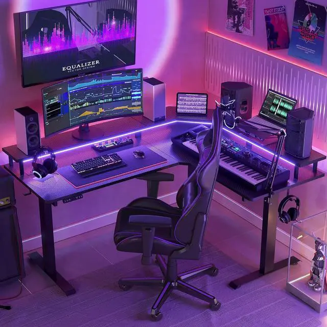 Main image of 63" Triple Motor L Shaped Standing Desk with LED Strip & Power Outlets, Height Adjustable Stand up Corner Gaming Desk with Ergonomic Monitor Stand, Black Carbon Fiber Top/Black Frame