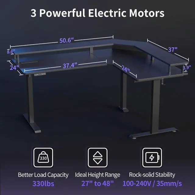 Alt view image 7 of 7 - 63" Triple Motor L Shaped Standing Desk with LED Strip & Power Outlets, Height Adjustable Stand up Corner Gaming Desk with Ergonomic Monitor Stand, Black Carbon Fiber Top/Black Frame