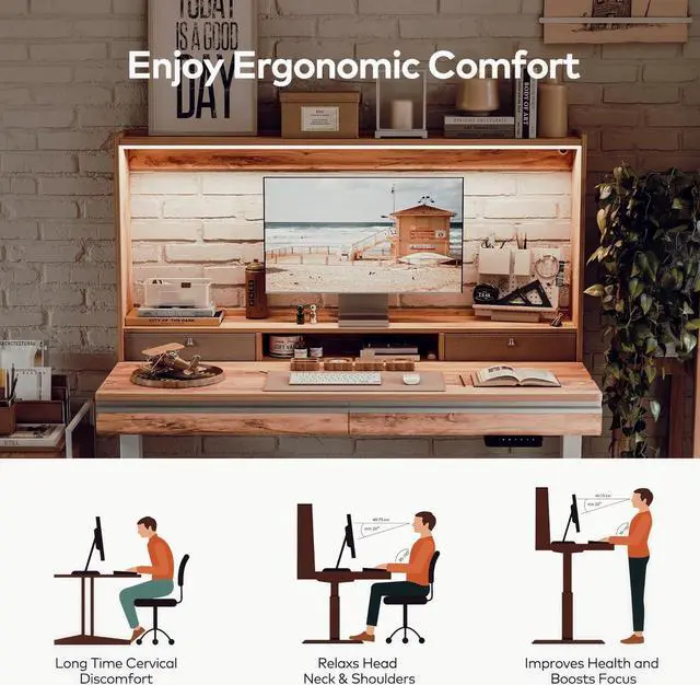 Alt view image 5 of 7 - 55 x 27.5 Inches Electric Standing Desk with Open Shelf&LED Strip, Adjustable Height Sit Stand Up Desks with 4 Drawers, Ergonomic Workstation,Light Rustic