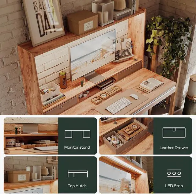 Alt view image 3 of 7 - 55 x 27.5 Inches Electric Standing Desk with Open Shelf&LED Strip, Adjustable Height Sit Stand Up Desks with 4 Drawers, Ergonomic Workstation,Light Rustic