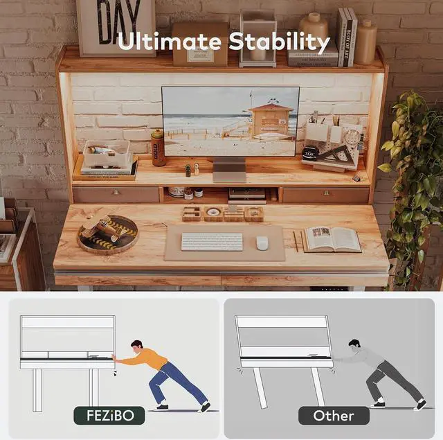 Alt view image 6 of 7 - 55 x 27.5 Inches Electric Standing Desk with Open Shelf&LED Strip, Adjustable Height Sit Stand Up Desks with 4 Drawers, Ergonomic Workstation,Light Rustic